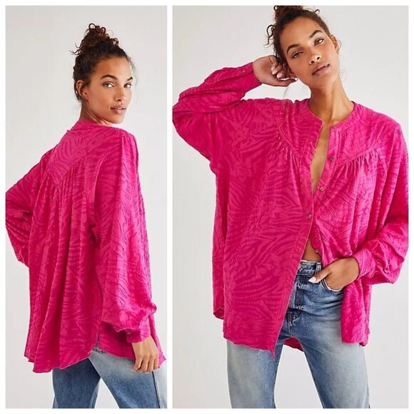 Free People Can’t Stop Dreaming Oversized Tunic Blouse Hot Pink Size Medium - Picture 1 of 14